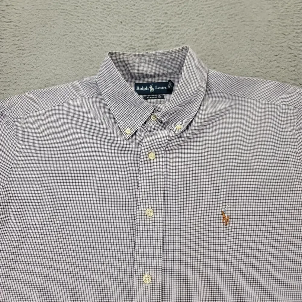 Ralph Lauren Shirt Mens 17 32-33 Purple Plaid Flesh Pony Classic‎ Fit Flesh Pony